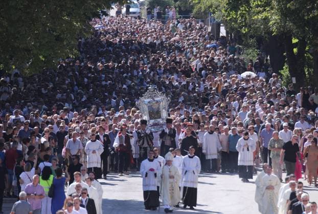 Blessed Virgin Mary celebration in Croatia Roman Catholic priests carry The painting of Miraculous Madonna of Sinj during a Feast of Assumption of the Blessed Virgin Mary celebration at Sinj, Croatia on August 15, 2024.  IvoxCagalj PIXSELL