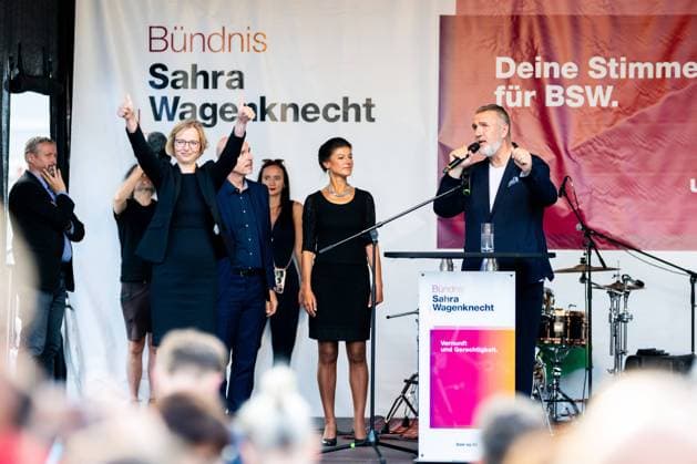 BSW ELECTION CAMPAIGN EVENT IN EISENACH 19 08 2024 Eisenach The direct candidate and chairwoman of BSW Thuringia, Katja Wolf, Steffen Quasebarth BSW , the federal chairwoman of BSW, Sahra Wagenknecht, and the chairman of BSW Thuringia, Steffen Schütz, on the stage Election campaign event for the state e