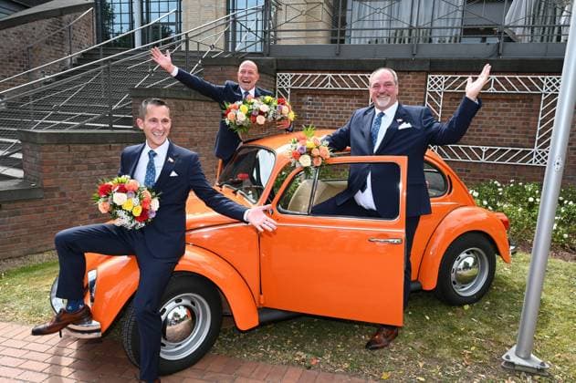 The new Cologne Carnival triumvirate for the 2024 2025 session with Maid Marlis Hendrik Ermen , Prince René I René Klöver and Farmer Michael Michael Samm , l r, from the StattGarde Colonia Ahoj e V carnival society pose at the presentation