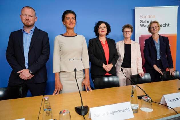 Press conference, Alliance Sahra Wagenknecht Press conference on the state elections in Saxony and Thuringia, Alliance Sahra Wagenknecht, BSW party chairwoman, Amira Mohamed Ali, Sahra Wagenknecht, candidates Katja Wolf, Sabine Zimmermann, Christian Posselt, Christian Leye Berlin Berlin GER
