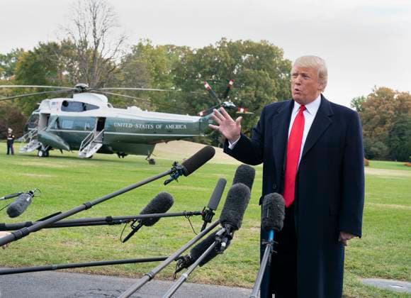 President Donald Trump departs The White House to attend a political event in Florida United States President Donald J. Trump speaks to the media as he departs The White House in Washington, DC, to attend a political event in Florida, October 31, 2018. Photo Credit: Chris Kleponis CNP AdMedia Washington District of Columbia United States of America EDITORIAL USE ONLY  Copyright: xx ChrisxKleponisx admphotostwo539144