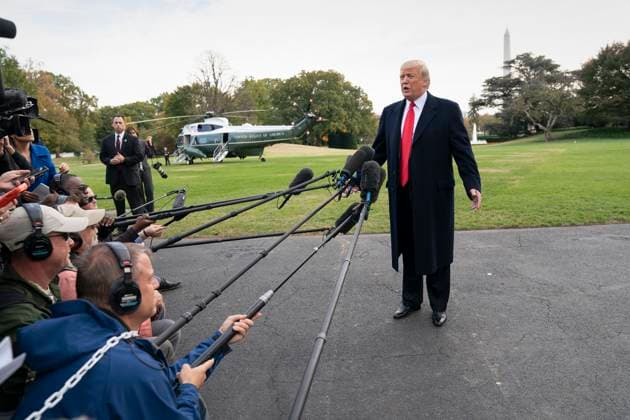 President Donald Trump departs The White House to attend a political event in Florida United States President Donald J. Trump speaks to the media as he departs The White House in Washington, DC, to attend a political event in Florida, October 31, 2018. Photo Credit: Chris Kleponis CNP AdMedia Washington District of Columbia United States of America EDITORIAL USE ONLY  Copyright: xx ChrisxKleponisx admphotostwo539146