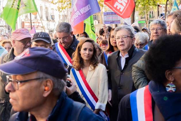 Paris, France October 5, 2024 - Demonstration organized by the Association France Palestine SolidaritÃ (AFPS) to denounce Israel s war in Gaza and Lebanon. Pro-Palestinian demonstrators are participating in national marches across EMEA to mark the start of Israel s war in Gaza after the Hamas attacks of October 7th 2023. They are calling for a ceasefire in the Middle East and an end to the supply of arms to Israel - Jean-Luc Melenchon, Clemence Guette GUERRE, MANIFESTATION PRO PALESTINIENNE, GAZA, PROCHE ORIENT, MOYEN ORIENT, MIDDLE EAST, LIBAN, CONFLIT, GEOPOLITIQUE, ISRAEL, MANIFESTANTS, ARABES, POLITIQUE, GOUVERNEMENT, DIASPORA, MOUVEMENT DE RESISTANCE, TERRITOIRES PALESTINIENS OCCUPES  Copyright: xVincentxIsorex