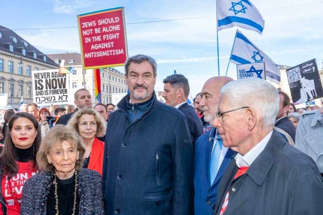 Charlotte Knobloch, Markus Söder, Josef Schuster, at the commemorative event 365 Days 7 October, Munich against anti-Semitism, Munich, October 6, 2024 Ge
