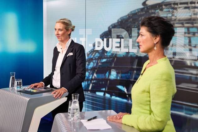 Berlin, Germany, 09 10 2024 Studio Welt TV TV duel between the leaders of AfD and BSW Alice Weidel and Sahra Wagenknecht Copyright: xdtsxNachrichtenagenturx dts_48236