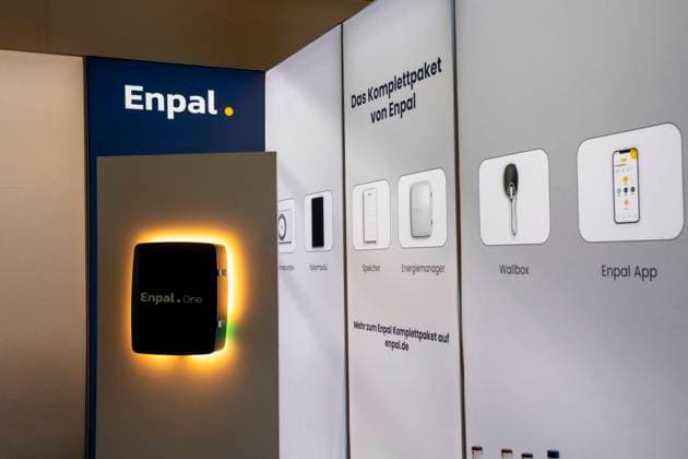 Augsburg, Swabia, Bavaria, Germany - October 11, 2024: Enpal logo of the manufacturer s company for solar system with storage & wallbox and photovoltaic systems, at the booth at the Augsburg CSU Party Day.