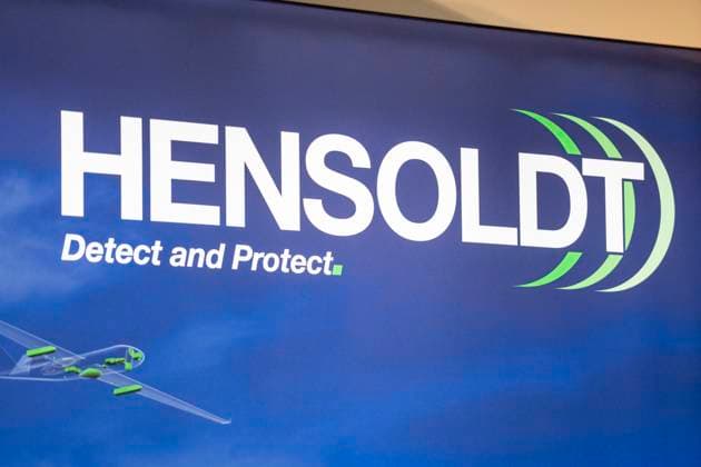 Augsburg, Swabia, Bavaria, Germany - October 11, 2024: Hensoldt AG logo of the defense, security, aviation and aerospace company at the Augsburg CSU Party Day.