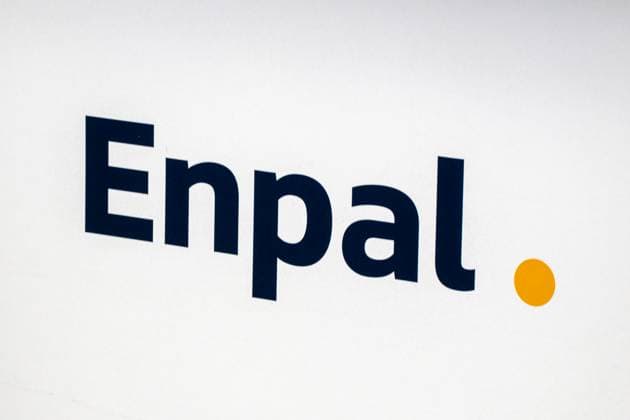Augsburg, Swabia, Bavaria, Germany - October 12, 2024: Enpal logo of the manufacturer s company for solar system with storage & wallbox and photovoltaic systems, at the booth at the Augsburg CSU Party Day.