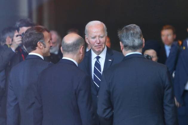 Berlin, Germany, 18 10 2024 Federal Chancellery meeting in quad format President of France Emmanuel Macron, Federal Chancellor Olaf Scholz SPD , US President Joe Biden, Prime Minister of Great Britain Keir Starmer Copyright: xdtsxNachrichtenagenturx dts_49034