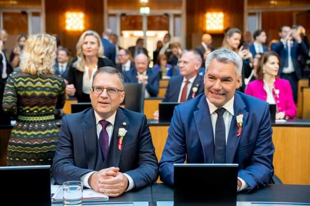 Vienna, Austria October 24, 2024 August Wöginger and Karl Nehammer both ÖVP before the constituent session of the newly elected National Council in the Austrian Parliament Vienna