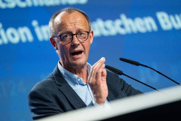 Junge Union Deutschlandtag 2024 Friedrich Merz, Federal Chairman of the CDU and candidate for Chancellor, gives a speech at the Deutschlandtag Junge Union Deutschlandtag 2024 Friedrich Merz, Federal Chairman of the CDU and candidate for Chancellor, gives a speech at the Deutschlandtag , Halle an der Saale Sachsen Anhalt Deutschland Messe