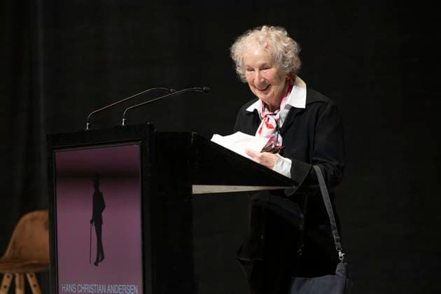 The Canadian author Margaret Atwood gives a speech after recieving the H C Andersen Literature Prize 2024 at the concert hall Odeon in Odense on Sunday, October 27, 2024 The prize is awarded to Margaret Atwood for her use of myths, fairy tales, and fantastic and speculative narratives to illuminate contemporary poli  Copyright: ThomasxSj ThomasxSjoerupx spdk20241027-155747-L