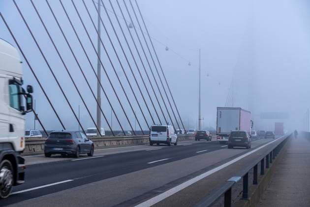 Friedrich Ebert Bridge over the Rhine near Bonn, also called North Bridge, highway bridge of the A565, cable-stayed bridge, morning fog, NRW, Germany Friedrich Ebert Bridge