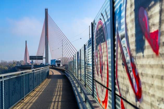 Friedrich Ebert Bridge over the Rhine near Bonn, also called North Bridge, highway bridge of the A565, cable-stayed bridge, noise barrier, NRW, Germany Friedrich Ebert Bridge