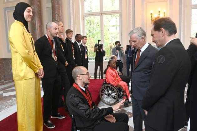 King Philippe and Queen Mathilde receive the Belgian athletes of 2024 BRUSSELS, BELGIUM - NOVEMBER 07 : Jean Michel Saive (COIB-BOIC) & Tim Celen (cycling) & Sarah Chaâri Taekwondo). King Philippe and Queen Mathilde receive the Belgian athletes who have particularly distinguished themselves in 2024 (Paris Olympic and Paralympic Games, European or world championship in an Olympic or Paralympic discipline) on November 7, 2024 in Brussels, Belgium, 07 11 2024 Brussels Belgium  Copyright: xDidierxLebrunx
