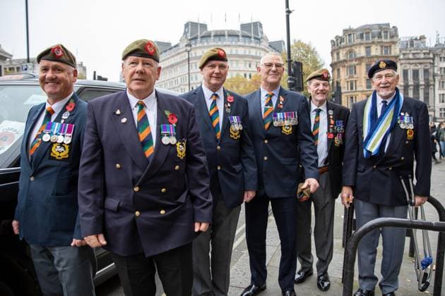 November 10, 2024, London, United Kingdom: A group of military veterans pose for a photograph. Founded fifteen years ago by London taxi drivers, Poppy Cabs provides free journeys for military veterans attending the annual Remembrance Day Service at the Cenotaph in Westminster, London. Inspired by the Royal British Legion™s Poppy Appeal, where red poppy badges are exchanged for charitable donations, these dedicated taxi drivers organise themselves under the Poppy Cabs initiative. Each year, drivers offer complimentary rides to veterans from major train stations across London, ensuring they arrive safely and punctually for the commemorative event. London United Kingdom - ZUMAs197 20241110_aab_s197_021 Copyright: xJamesxWilloughbyx