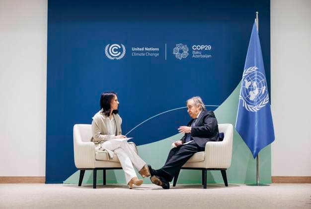 Annalena Baerbock Buendnis 90 Die Gruenen , Federal Foreign Minister, meets Antonio Guterres, Secretary-General of the United Nations for a discussion at COP29 in Baku, 22 11 2024 Photographed on behalf of the Federal Foreign Office AA Baku Azerbaijan Copyright: xFelixxZahn AAx