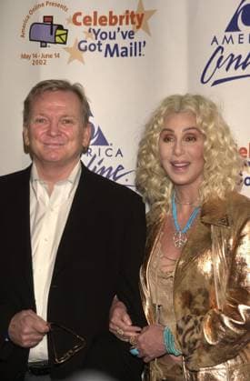 RECORD DATE NOT STATED Bob Mackie and Cher at the America Online party to celebrate it s 2002 Celebrity You ve Got Mail Campaign, Highlands Nightclub, Hollywood, 05-14-02 , 10606794.jpg, couple, blonde, shorthair, longhair, black, gold, silk, necklace, bracelet, goat,