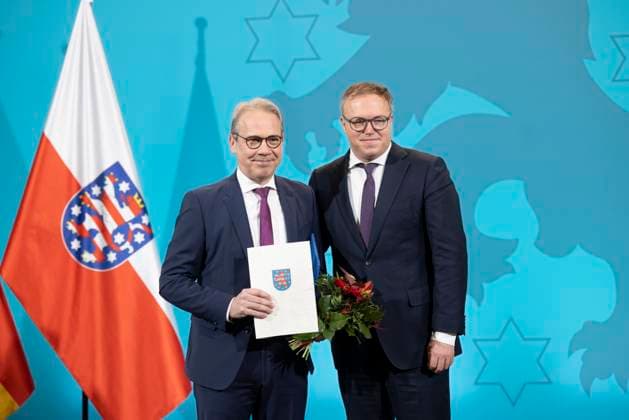 Appointment of Thuringia Ministers 13122024 Georg Maier, Minister of the Interior and MP Mario Voigt On the occasion of the new Brombeer coalition of CD, BSW and SPD, the ministers in Thuringia were appointed Erfurt Thuringia State Parliament Thuringia Germany 131224_ppb-11