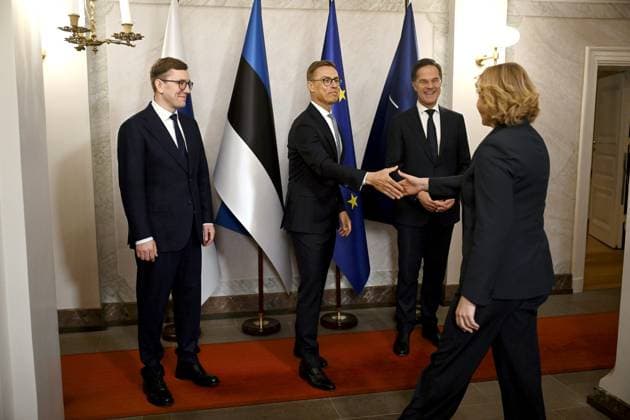 Finnish President Alexander Stubb welcomes Henna Virkkunen, the Executive Vice-President for Tech Sovereignty, Security and Democracy in the beginning of the aummit of the Baltic Sea NATO countries at the Presidential Palace in Helsinki, Finland, on January 14, 2025. Estonian Prime Minister Kristen Michal is on the left and and Nato s Secretary General Mark Rutte on the right. Finnish President Alexander Stubb and Estonian Prime Minister Kristen Michal host a summit of the Baltic Sea NATO countries in Helsinki on January 14. The topic of the summit is the security of the Baltic Sea region, especially measures required to secure the critical underwater infrastructure. Helsinki Finland Copyright: xAnttixAimo-Koivistox LKFTJK20250114091533NLYL