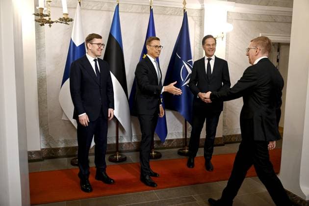 Finnish President Alexander Stubb (2nd left) welcomes Latvian President Edgars Rinkevics (right) in the beginning of the summit of the Baltic Sea NATO countries at the Presidential Palace in Helsinki, Finland, on January 14, 2025. Estonian Prime Minister Kristen Michal is on the left and and Nato s Secretary General Mark Rutte on the 2nd right. Finnish President Alexander Stubb and Estonian Prime Minister Kristen Michal host a summit of the Baltic Sea NATO countries in Helsinki on January 14. The topic of the summit is the security of the Baltic Sea region, especially measures required to secure the critical underwater infrastructure. Helsinki Finland Copyright: xAnttixAimo-Koivistox LKFTJK20250114093635HIWW