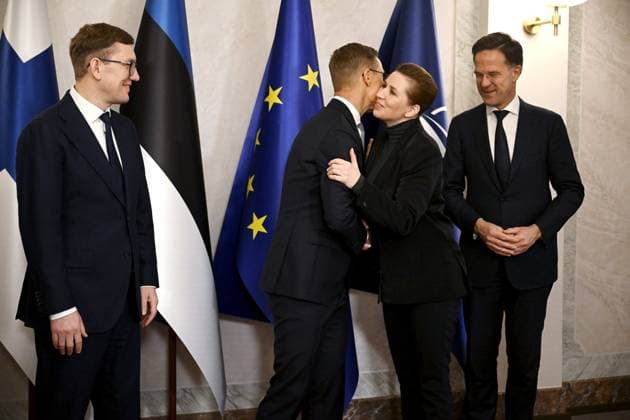 Finnish President Alexander Stubb (2nd left) welcomes Danish Prime Minister Mette Frederiksen in the beginning of the aummit of the Baltic Sea NATO countries at the Presidential Palace in Helsinki, Finland, on January 14, 2025. Estonian Prime Minister Kristen Michal is on the left and and Nato s Secretary General Mark Rutte on the right. Finnish President Alexander Stubb and Estonian Prime Minister Kristen Michal host a summit of the Baltic Sea NATO countries in Helsinki on January 14. The topic of the summit is the security of the Baltic Sea region, especially measures required to secure the critical underwater infrastructure. Helsinki Finland Copyright: xAnttixAimo-Koivistox LKFTJK20250114094828BQLU