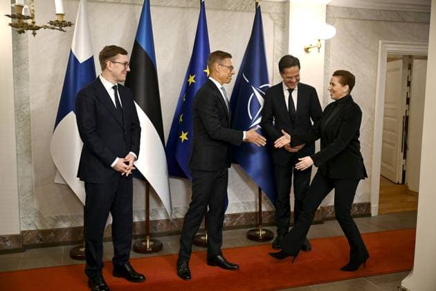 Finnish President Alexander Stubb (2nd left) welcomes Danish Prime Minister Mette Frederiksen (right) in the beginning of the summit of the Baltic Sea NATO countries at the Presidential Palace in Helsinki, Finland, on January 14, 2025. Estonian Prime Minister Kristen Michal is on the left and and Nato s Secretary General Mark Rutte on the 2nd right. Finnish President Alexander Stubb and Estonian Prime Minister Kristen Michal host a summit of the Baltic Sea NATO countries in Helsinki on January 14. The topic of the summit is the security of the Baltic Sea region, especially measures required to secure the critical underwater infrastructure. Helsinki Finland Copyright: xAnttixAimo-Koivistox LKFTJK20250114094826VXIQ