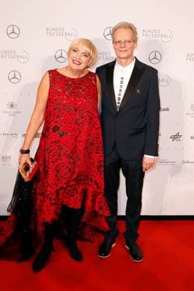 Claudia Roth, Greens, and Martin Paul, Sound, Stones, Shards Musicians, at 65 Federal Press ball in Berlin, at Dress from Talbot Runhof, Berlin Germany, Germany