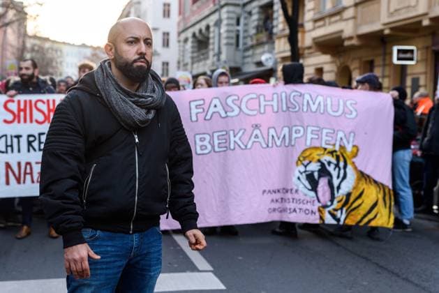 Ferat Kocak, several Hundreds People demonstrate against the last Nazi Stop in Neukölln from Hermannplatz in Berlin in the last Days Goods several Shops with Swastika painted and since several Years find Attack instead of Berlin Germany, Germany
