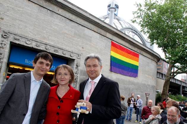 Jörg Steinert Lesbians and Gay Association , Sigrid Evelyn Nikutta BVG Boss and Klaus Wowereit Hoisting the Rainbow flag on U Train station Nollendorffplatz on 01 06 2011, at Frame the Pride Week 2011, Germany, Germany