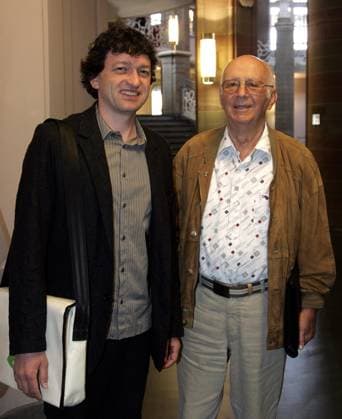 Markus Heckhausen, Managing Director the Traffic light man Ltd, and Karl Peglau, Inventor of Ampelmaennchen, before the Announcement of Judgment at Trademark law Process against the Moon Arts GmbH at the Traffic light man Traffic sign at Berlin District Court in the Littenstrasse, Graphic designer, Patent law association, Portrait, Civil proceedings, Germany, Germany