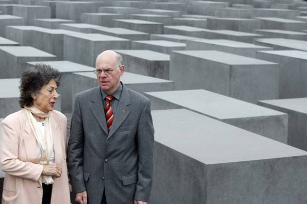 Lea Rosh and Norbert Lammert, President of the Bundestag, at Photo session to the PK to Years Holocaust Memorial before the Field of stelae, Berlin Germany, Germany