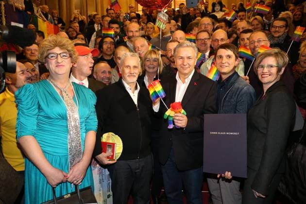 Klaus Wowereit before the Farewell party of Lesbians and gay association Berlin Brandenburg and the Berlin Aid Association to Honours of outgoing Governing Mayor at Red Town hall, and Ades Zabel and Life partner Joern Kubicki, Berlin Germany