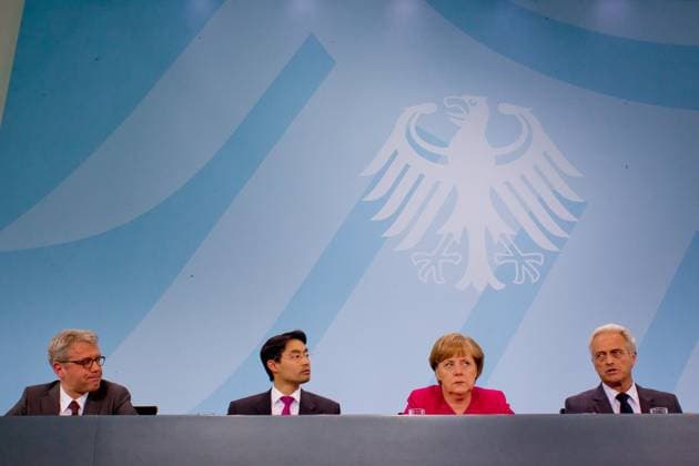 Norbert Roettgen, Philipp Roesler, Angela Merkel, Peter Ramsauer at the Press conference to Nuclear phase-out to the Report the Ethics Committee secure Energy supply at Federal Chancellery in Berlin, Copyright Huebner, 30 05 2011 Berlin Germany , Germany