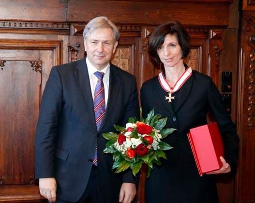 Prof Jutta Allmendinger subsequently with the Berlin National Order honoured through Klaus Wowereit%2C Allemendinger is President of Science Center Berlin, Berlin Germany, Germany