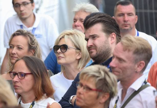 Carmen Fog with Son Gregor as Viewers before the Stage at Schlagerolymp the largest Schlager Open Air in Berlin Luebars on 10 08 2019 Berlin Germany