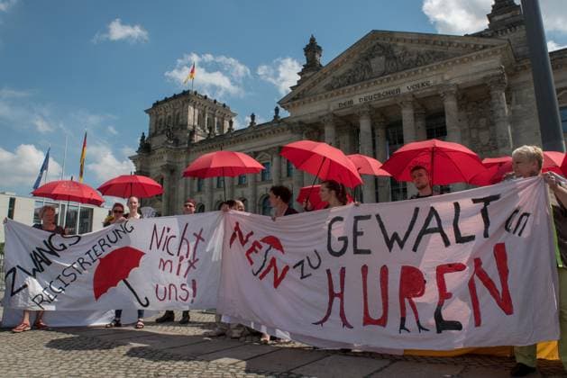International Whores day Sexworker Protest against the Prostituiertenschutzgesetz , ProstSchG to 1 Reading at Bundestag in Berlin with a Human chain My Body, My Bed sheets, My Workplace Berlin Germany, Germany