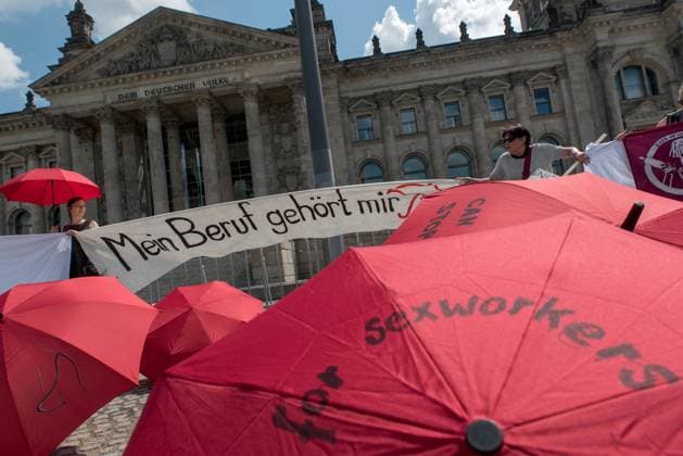 International Whores day Sexworker Protest against the Prostituiertenschutzgesetz , ProstSchG to 1 Reading at Bundestag in Berlin with a Human chain My Body, My Bed sheets, My Workplace Berlin Germany, Germany