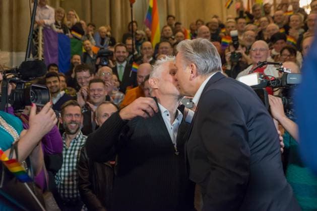 Celebration Adoption from Klaus Wowereit at Red City Hall in Berlin, Farewell party of Lesbians and gay association Berlin Brandenburg and the Berlin AIDS Help, with Life partner Joern Kubicki, Berlin Germany, Germany