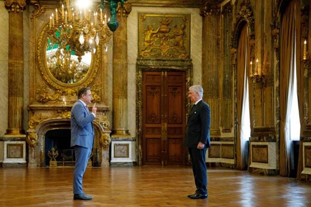 Prime Minister Bart De Wever and King Philippe - Filip of Belgium pictured during the oath ceremony of the new Prime Minister and members of the federal government at the Royal Palace, Monday 03 February 2025, in Brussels. Negotiators from the five parties that make up the Arizona coalition - the N-VA, MR, Engagà s, Vooruit and CD&V - reached a government agreement on Friday evening. HATIMxKAGHAT 111701780