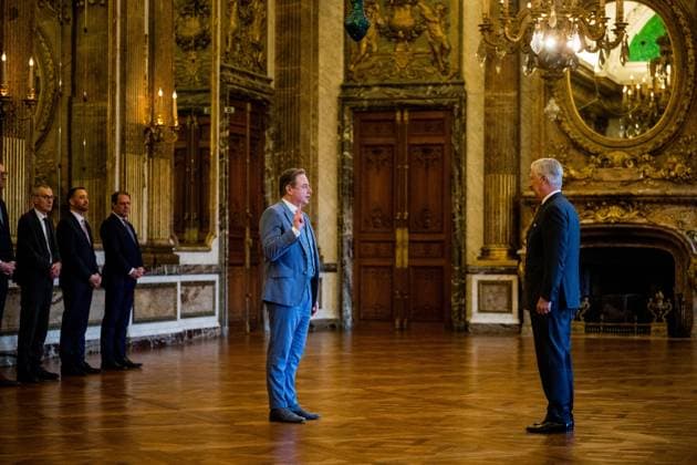 Prime Minister Bart De Wever and King Philippe - Filip of Belgium pictured during the oath ceremony of the new Prime Minister and members of the federal government at the Royal Palace, Monday 03 February 2025, in Brussels. Negotiators from the five parties that make up the Arizona coalition - the N-VA, MR, Engagà s, Vooruit and CD&V - reached a government agreement on Friday evening. JASPERxJACOBS 111702048