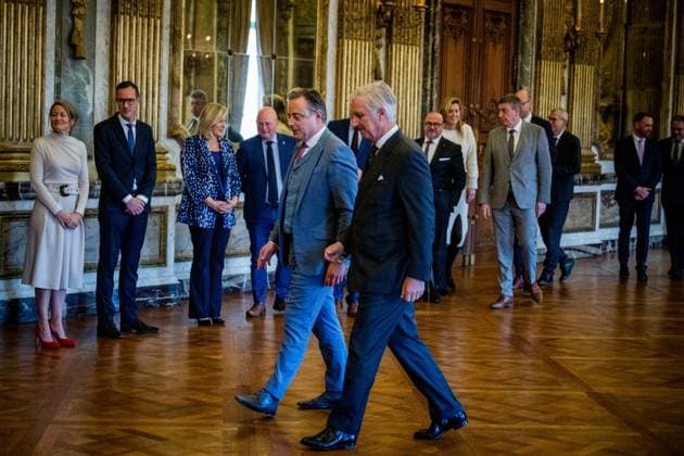 Prime Minister Bart De Wever and King Philippe - Filip of Belgium pictured after the oath ceremony of the new Prime Minister and members of the federal government at the Royal Palace, Monday 03 February 2025, in Brussels. Negotiators from the five parties that make up the Arizona coalition - the N-VA, MR, Engagà s, Vooruit and CD&V - reached a government agreement on Friday evening. JASPERxJACOBS 111702727