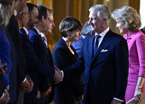Prime Minister Bart De Wever and King Philippe - Filip of Belgium pictured during a New Year s reception organized by the Royal Family, at the Royal Palace in Brussels on Tuesday 04 February 2025. ERICxLALMAND 111747440