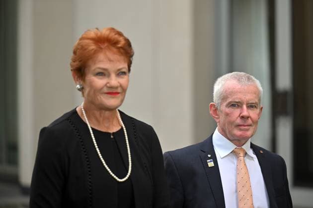 PAULINE HANSON PRESSER, One Nation leader Pauline Hanson and One Nation Senator Malcolm Roberts at a press conference at Parliament House in Canberra, Thursday, February 6, 2025. ( NO ARCHIVING, EDITORIAL USE ONLY, NO USE IN BOOKS WITHOUT CONSENT CANBERRA AUSTRALIAN CAPITAL TERRITORY AUSTRALIA PARLIAMENT HOUSE  Copyright: xMICKxTSIKASx 20250206196748084381