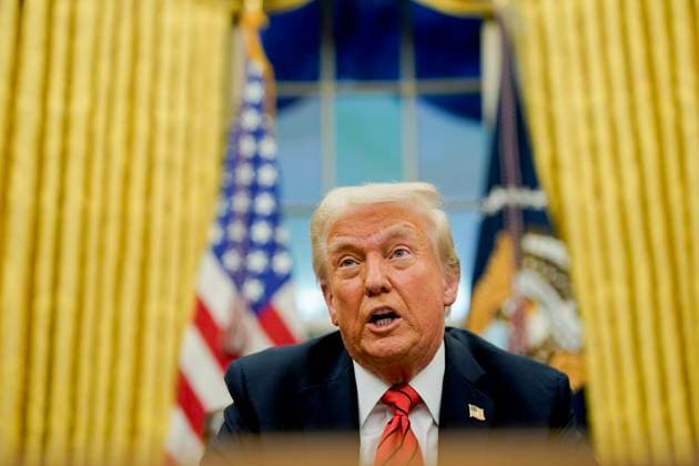 US President Donald Trump speaks during an executive order signing in the Oval Office of the White House in Washington, DC, US, on Monday, Feb. 10, 2025. Trump ordered a 25% tariff on steel and aluminum imports, escalating his efforts to protect politically important US industries with levies hitting some of the country s closest allies. Credit: Al Drago Pool via CNP AdMedia Washington District of Columbia United States of America EDITORIAL USE ONLY  Copyright: xx FTP__ADD9031-5224401 CNP AdMediax admphotostwo917328