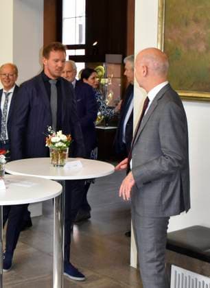 Julian Nagelsmann Football National Coach with DFB President Bernd Neuendorf the German DFB Delegation carries itself ins Golden Book the State capital Duesseldorf at Jan Wellem Room at City Hall in, on Monday 08 04 2024 in Dueseldorf NRW Germany