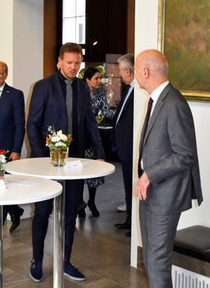 Julian Nagelsmann Football National Coach with DFB President Bernd Neuendorf the German DFB Delegation carries itself ins Golden Book the State capital Duesseldorf at Jan Wellem Room at City Hall in, on Monday 08 04 2024 in Dueseldorf NRW Germany
