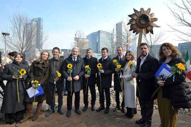 photo IPP Mario Romano Milan 21 02 2025 Library of Trees Presentation Installation, on the occasion of the third anniversary of the Russian invasion in Ukraine inauguration of the art installation UNFORGOTTEN UKRAINE in the photo Giuseppe Sala, Gior