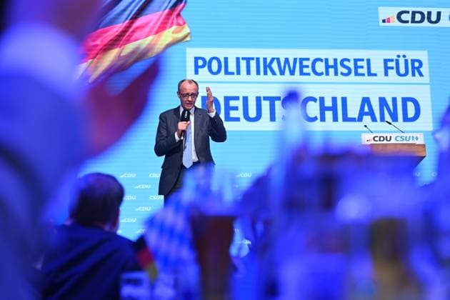 Friedrich Merz CDU chairman and candidate for chancellor during his speech CDU CSU closing rally for the Bundestag election on 22 02 2025 in the Loewenbraeukeller in Munich,