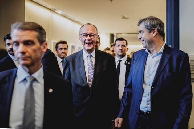 L R Friedrich Merz, CDU party leader and candidate for chancellor, and Markus Soeder, State Premier of Bavaria, pictured before the constituent parliamentary group meeting of the CDU CSU after the Bundestag elections in Berlin, 25 02 2025 Berlin Germany Copyright: xFlorianxGaertnerx